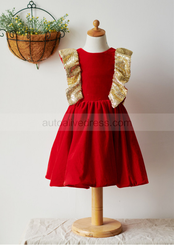 Ruffle Flutter Sleeves Red Velvet Gold Sequin V Back Flower Girl Dress Ruffle Flutter Sleeves Red Velvet Gold Sequin V Back Flower Girl Dress